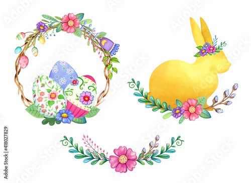 Easter watercolor decorative elements. Easter bunny rabbit  floral wreath with Easter eggs and  cute blooming flowers  isolated on white background. Hand painted Easter or spring illustration.