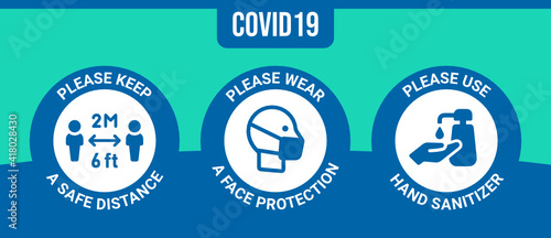 Coronavirus prevention sign, keep safe distance, wear mask and use hand sanitizer for end covid-19 pandemic