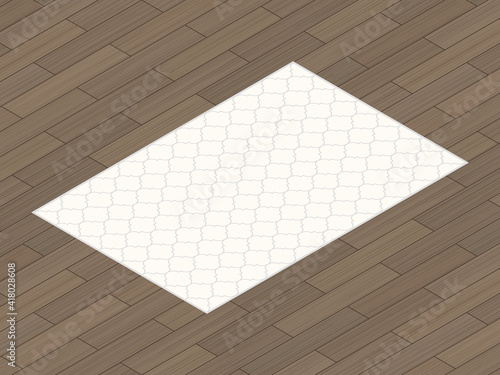 Isometric beige carpet with abstract arabic gray pattern. Vector isometric illustration. 3D flat style vector illustration. Pastel carpet with gray ornament on wooden floor background