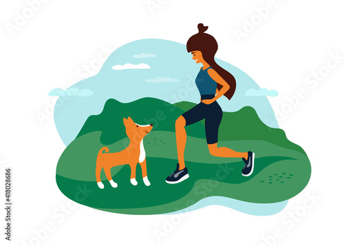 Outdoor activities vector illustration. Young woman walking in park, doing fit squats, sport exercise, playing with dog. Female healthy lifestyle, fitness workout, active leisure on nature landscape