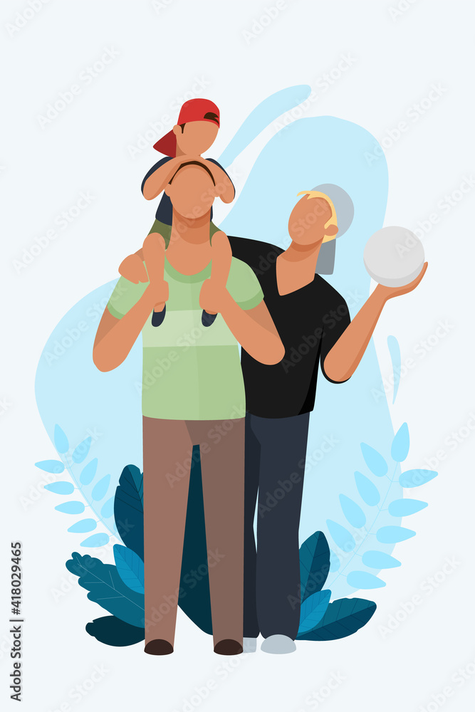A father is holding his young son on his shoulders, with a second father standing beside him. Two fathers in the family. A father is holding his young son on his shoulders, with a second father standing beside him. Two fathers in the family.