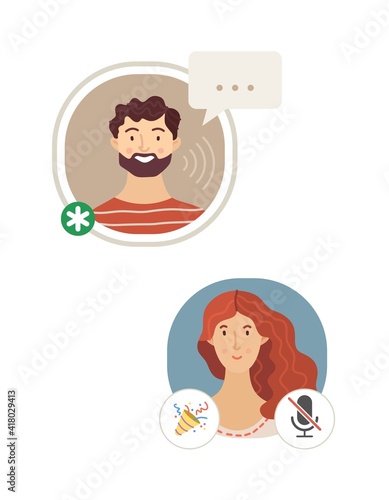 Man and woman talking in Clubhouse application flat vector illustration. Audio chat conversation. Voice messages. Social network app for cell phones. Cartoon avatars