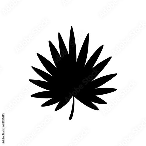 Palm leaf. Saw palmetto. Black silhouette. Tropical forest element. Vector illustration.