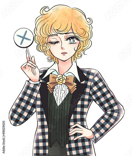 Bilde på lerret 昭和の少年愛漫画風・バツ札を持つあきれ顔の美少年