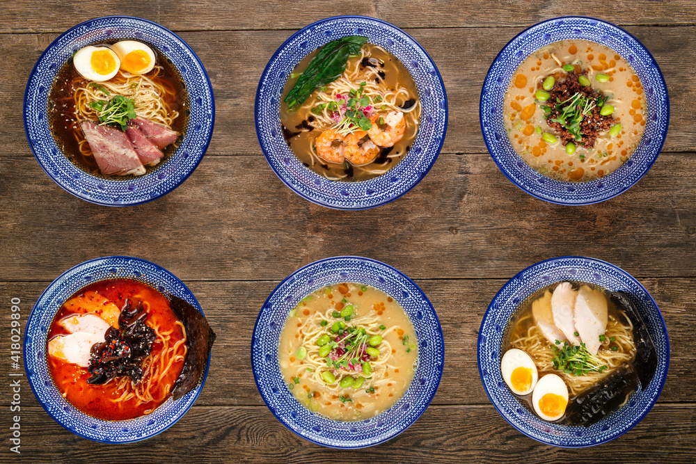 Top view on assorted variety of different ramen noodle soups Top view on assorted variety of different ramen noodle soups
