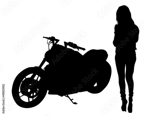 Beauty women on sports motorcycle. Isolated silhouette on a white background