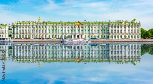 Winter Palace (State Hermitage museum) reflected in Neva river, Saint Petersburg, Russia