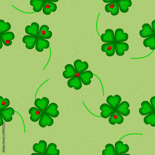 Seamless pattern of four leaves clover, good luck and St. Patrick's day concept. Vector illustration.