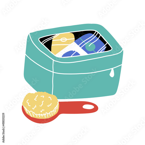 Travel toiletry bag with bath accessories and hairbrush nearby. Vector cartoon isolated illustration.