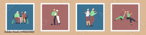 Set of card with elderly people lifestyle. Senior couple having fun. Old lady and gentlemen leisure. Collection of senior citizen flat vector cartoon illustration