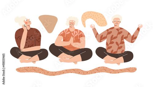 Senior mature lady doing yoga. Middle age woman in lotus pose. Happy elderly women doing exercises. Doing yoga together. Healthy lifestyle concept. Flat vector cartoon illustration