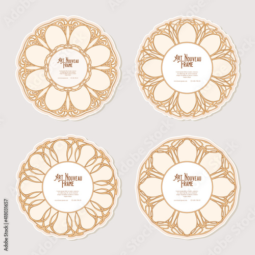 Set of four cercle label, decorative frame, border in art nouveau style, vintage, old, retro style. Tamplate good for product label with place for text. Vector illustration