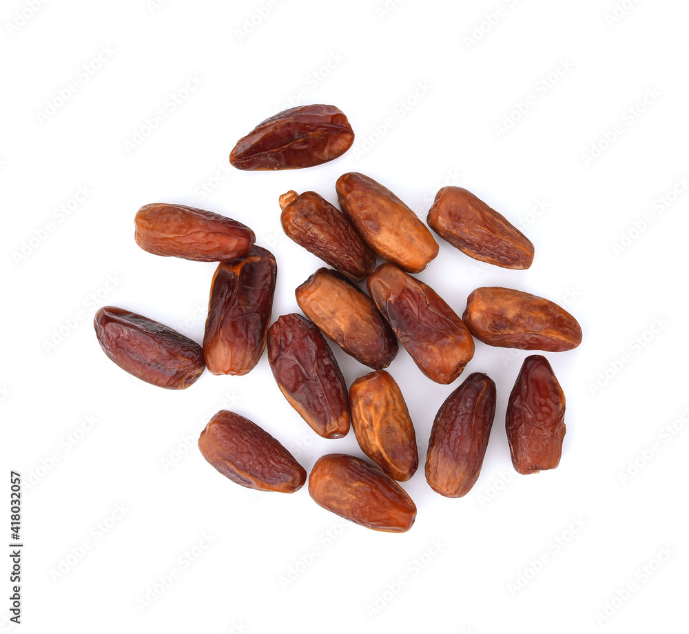 Obraz premium dry dates isolated on white background. Top view. Flat lay pattern