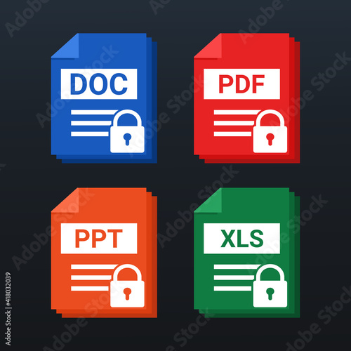 Set of of file type. Format and extension of documents. PDF, DOC, PPT and XLS. Document locked isolated on dark background. Privacy. Illustration vector