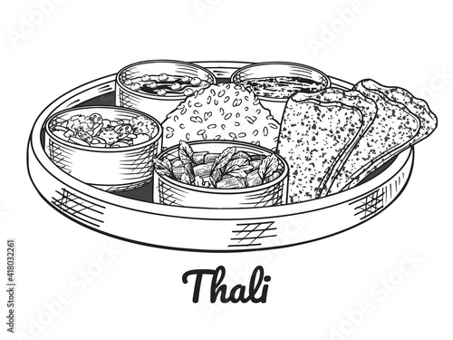 Traditional indian food. Thali. Hand drawn line art. Vector illustration. Isolated on white. Doodle. Black and white sketch.