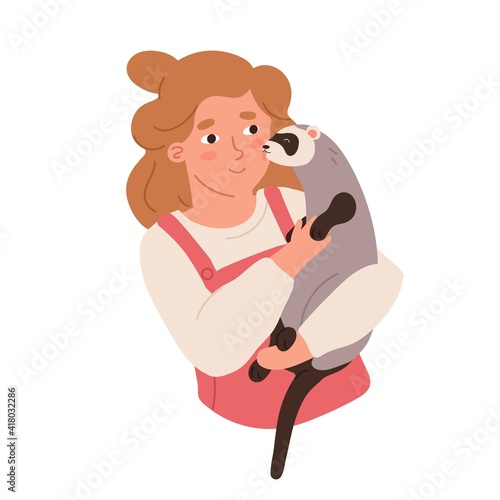 Kid holding furry ferret in hand. Happy smiling child with polecat. Pet owner with cute animal. Colored flat vector illustration of little girl with adorable animal isolated on white background