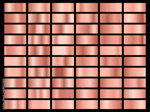 Set of gold rose foil texture. Collection of pink postel gradients isolated on black background. Vector illustration