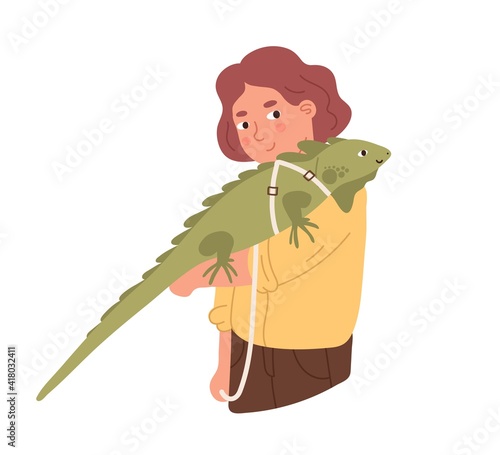 Kid holding iguana on hand. Happy smiling child with reptile. Pet owner with cute animal. Colored flat vector illustration of little boy with adorable friend isolated on white background
