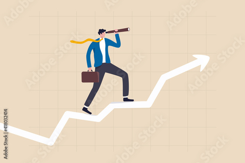 Business vision to see opportunity, investor fortune or profit growth, career achievement concept, smart businessman manager using telescope to see future standing on top of rising arrow market graph.