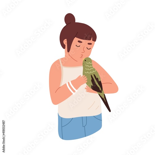Kid kissing parrot. Happy child holding budgerigar. Pet owner with home bird. Colored flat vector illustration of little girl with cute adorable budgie isolated on white background