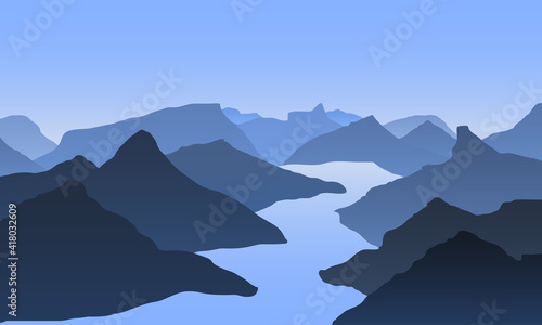 Sunrise in mountains. Colour mountains landscape. Hiking - morning view. Vector background