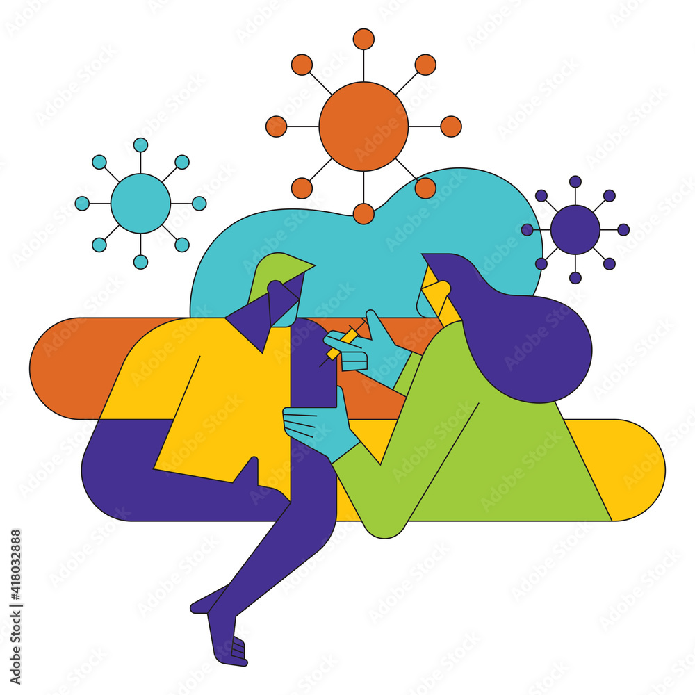 Medical doctor in protective suit and mask, process of immunization against covid-19. Vector illustration. Medical doctor in protective suit and mask, process of immunization against covid-19. Vector illustration.
