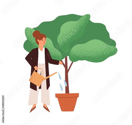 Person watering potted plant. Woman growing and cultivating tree. Businesswoman investing in business growth, career and success concept. Colored flat vector illustration of investor isolated on white