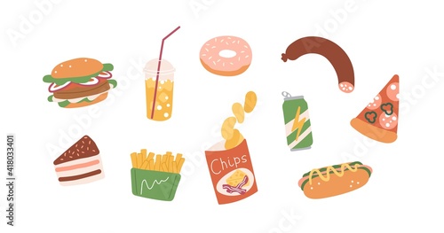 Set of unhealthy junk food. Fastfood icons of burger, hot-dog, pizza, sausage, chips, french fries, donut, cake and soda. Colored flat vector illustration of fat eating isolated on white background