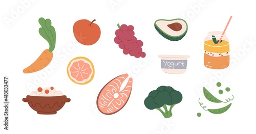 Set of healthy organic food with fruits, vegetables, porridge and drink. Colored icons of avocado, smoothie, broccoli, carrot, grapes and salmon. Flat vector illustration isolated on white background
