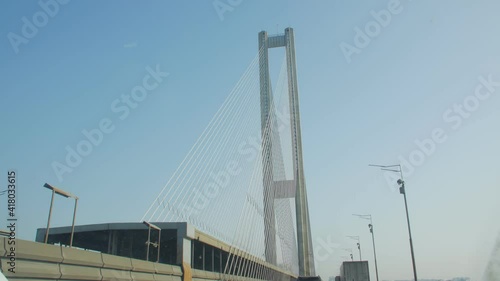 Bridge with steel cables view from car south Pivdennyi Bridge Kyiv Ukraine photo