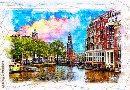 View of the embankment of the river Amstel and the Munttoren tower. Amsterdam. Netherlands. Sketch illustration. photo