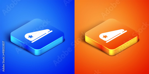 Isometric Military beret icon isolated on blue and orange background. Soldiers cap. Army hat. War baret. Square button. Vector.