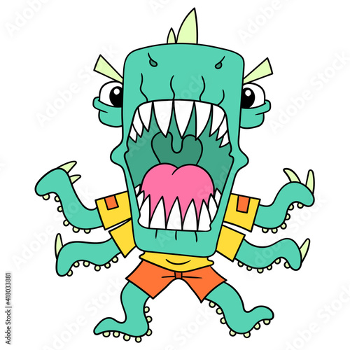 fierce monsters with sharp teeth were angry ready to attack, doodle icon image kawaii