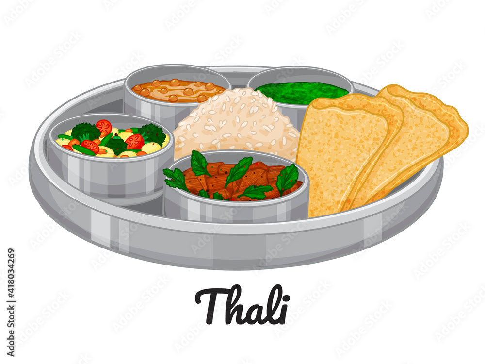 Traditional indian food. Thali. Color. Vector illustration. Isolated on  white. Doodle. Cartoon style. Stock Vector | Adobe Stock