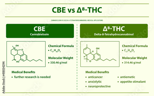 CBE vs ∆8-THC, Cannabielsoin vs Delta 8 Tetrahydrocannabinol horizontal infographic illustration about cannabis as herbal alternative medicine and chemical therapy, healthcare and medical vector.