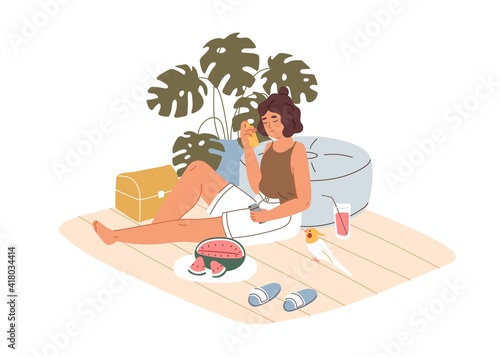 Person relaxing with pet at home on hot summer day. Woman chilling indoors wi...