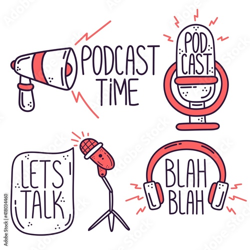 Podcast objects set. Hand-drawn vector illustration print with podcast elements, headphones, speech bubbles, microphone