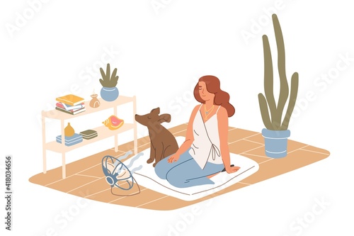 Person and dog relaxing with electric fan blowing cooling air on hot summer day. Woman and pet chilling indoors in the heat. Colored flat cartoon vector illustration isolated on white background