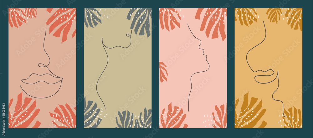 A continuous line of female facial features on the covers of Boho abstract tropical leaf templates for social media. Vector illustration of modern universal backgrounds