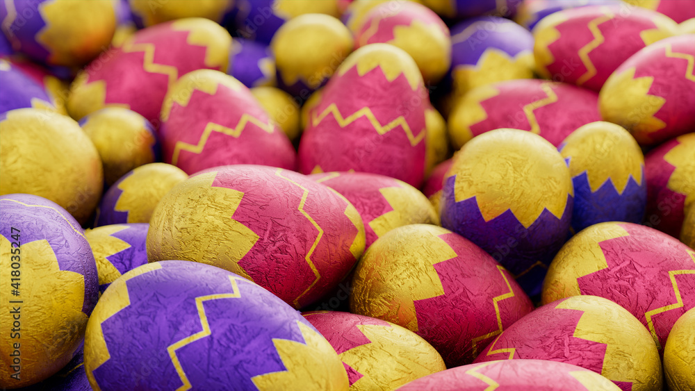 Multicolored, foil wrapped Easter Egg background. Beautiful Easter Wallpaper  with, patterned Yellow, Pink and Purple Eggs. 3D Render Stock Illustration  | Adobe Stock