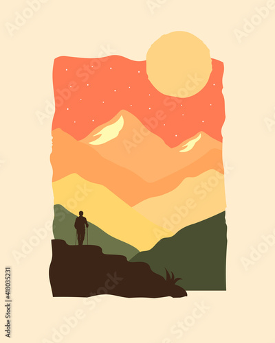illustration of mountains and mountain climber silhouettes design of line badge patch pin graphic illustration vector art t-shirt design