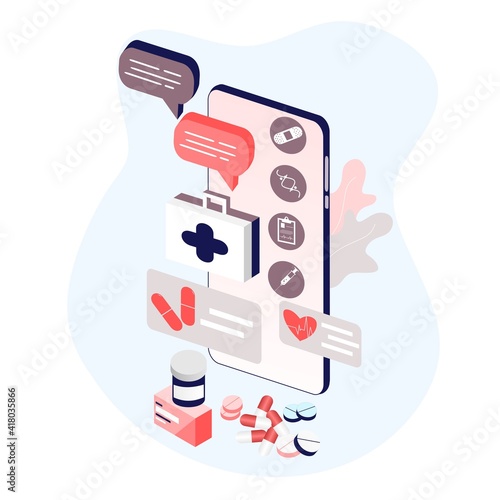 Online tele medicine flat illustration concept. Medical consultation and treatment via application of smartphone connected internet clinic. Online ask doctor consultation technology in mobile vector.