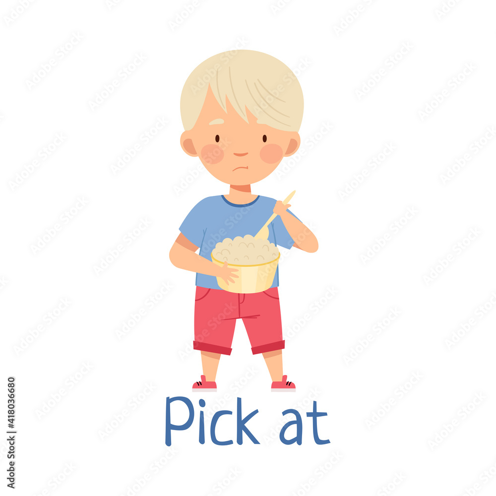 Fototapeta premium Little Blond Boy Picking At Saucepan with Porridge Showing Dislike Vector Illustration