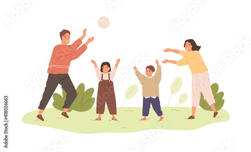 Happy healthy family with kids playing with ball outdoors. Parents and children spending leisure time together in nature. Colored flat vector illustration of active people isolated on white background