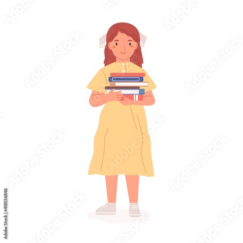 Happy lovely girl standing with pile of books. Sweet kid holding stack of textbooks from school library. Colored flat vector illustration of child or schoolgirl in dress isolated on white background