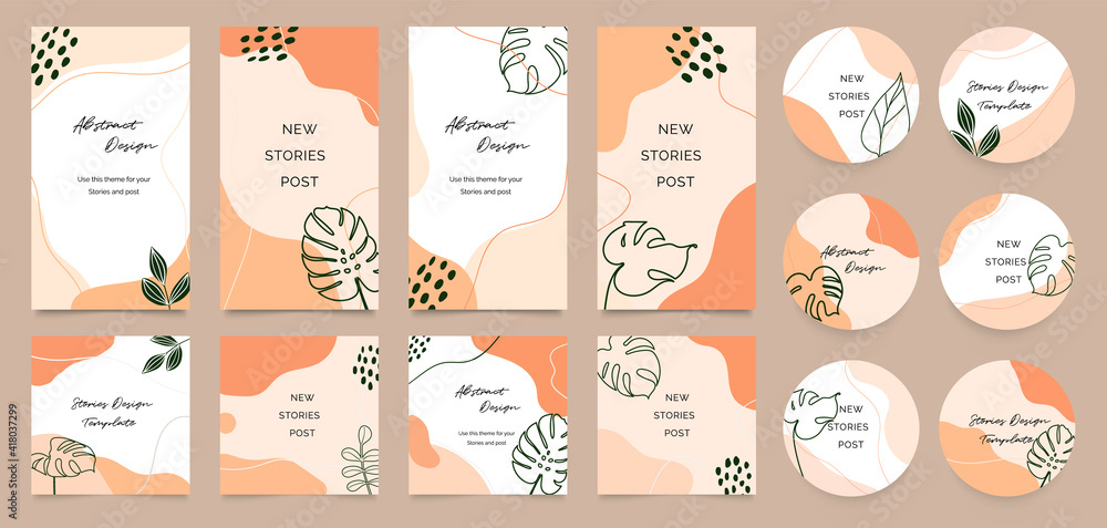 Social story templates and highlights covers vector set. Social media background design with floral and hand drawn organic shapes textures. Abstract minimal trendy style wallpaper. 