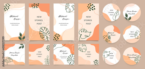 Social story templates and highlights covers vector set. Social media background design with floral and hand drawn organic shapes textures. Abstract minimal trendy style wallpaper. 