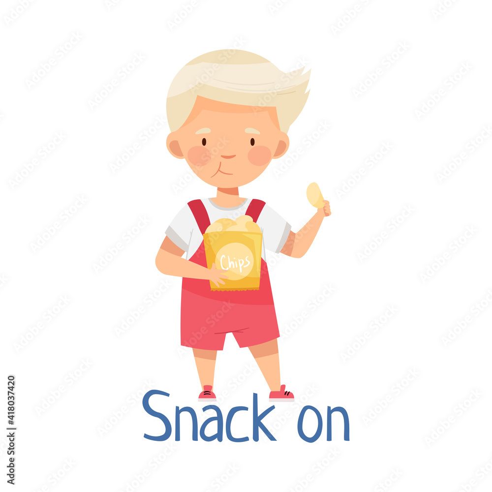 Cute Blond Boy Snacking On Potato Chips Vector Illustration Cute Blond Boy Snacking On Potato Chips Vector Illustration