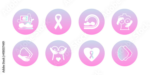 Set of vector medical round icons about the prevention, diagnosis of female breast. Trendy gradient 2021. Ultrasound, ribbon, mammography. Caring for women's health. For social media and web, isolated