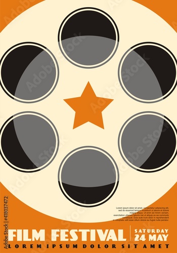 Film festival modern poster design layout with movie reel, star and space for text. Vector flyer for entertainment industry. Flat simple minimal template.